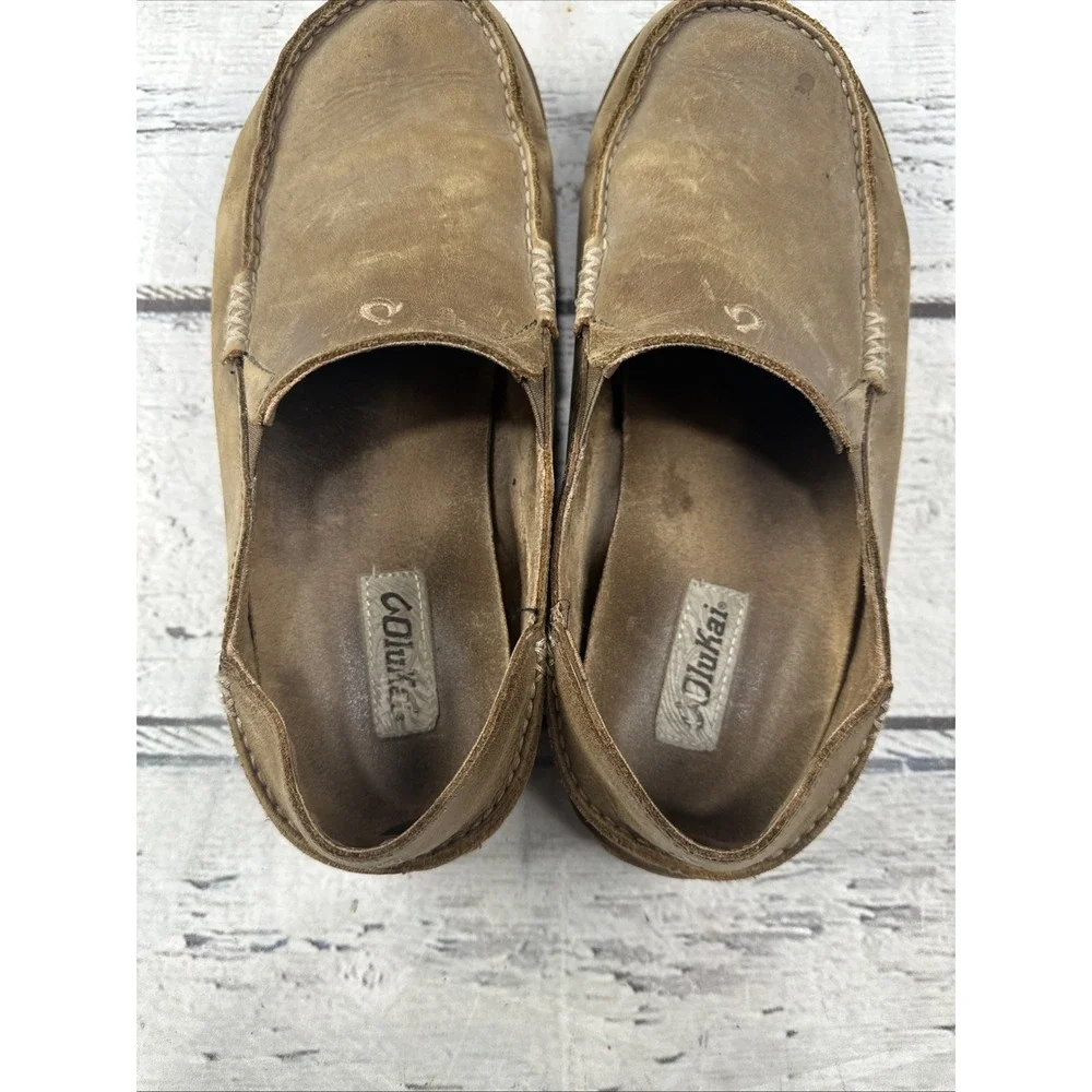 OluKai Moloa Slip On Shoes Brown Leather Loafers Fold Down 10128-2733 Size 10.5